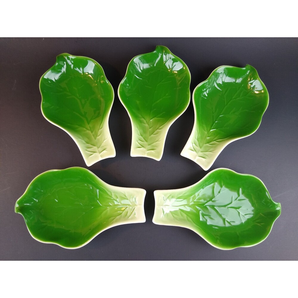 Vintage Rice Spoon Ceramic Cabbage Bok Choy Leaf Dish Bowl Tidbit Sauce Lot of 5